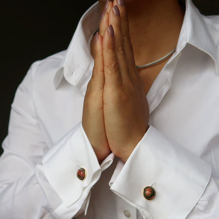 woman modeling unakite cufflinks