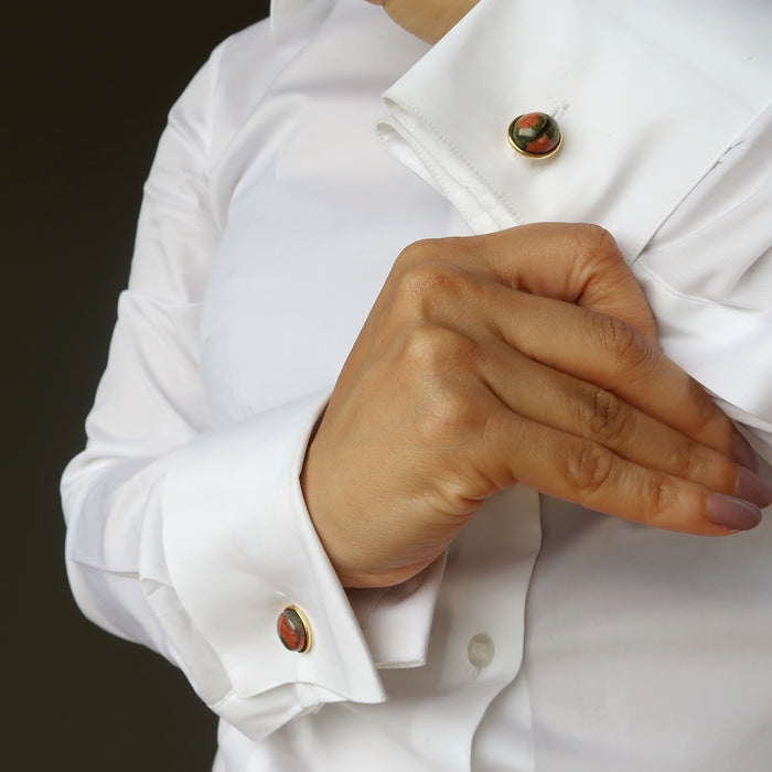 woman modeling unakite cufflinks