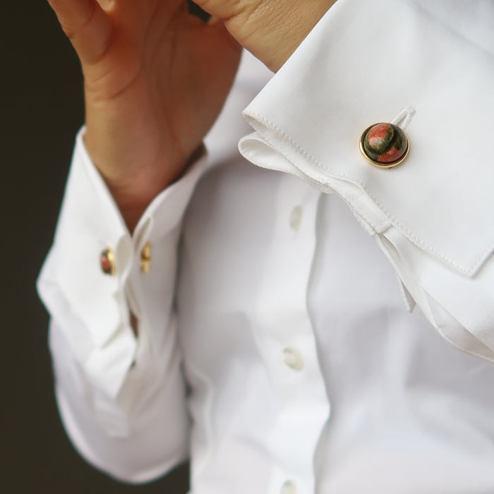 woman modeling unakite cufflinks