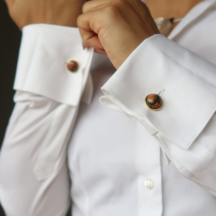 woman modeling unakite cufflinks