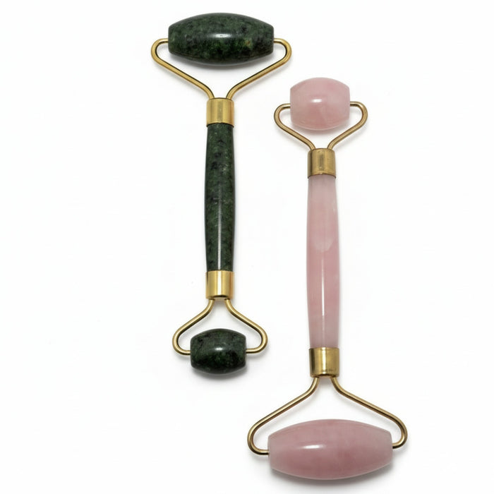 facial set with jade and rose quartz roller wands