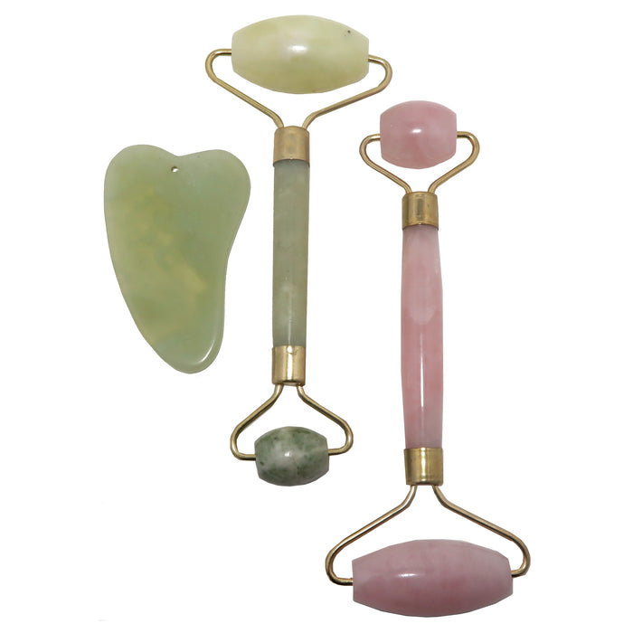 facial set of 3 tools with green jade gua sha scraper, jade and rose quartz roller wands