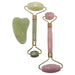 facial set of 3 tools with green jade gua sha scraper, jade and rose quartz roller wands